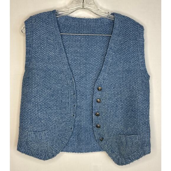 American Vintage 1980's Hand knit Blue vest coat of arms buttons size small - Picture 2 of 12
